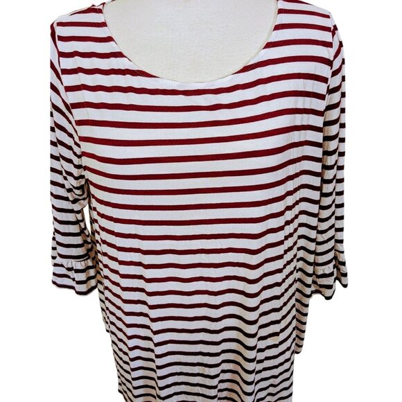 Green Envelope Top Women 2X White Burgundy Striped Knit Bell Sleeve Stretch - Picture 2 of 6